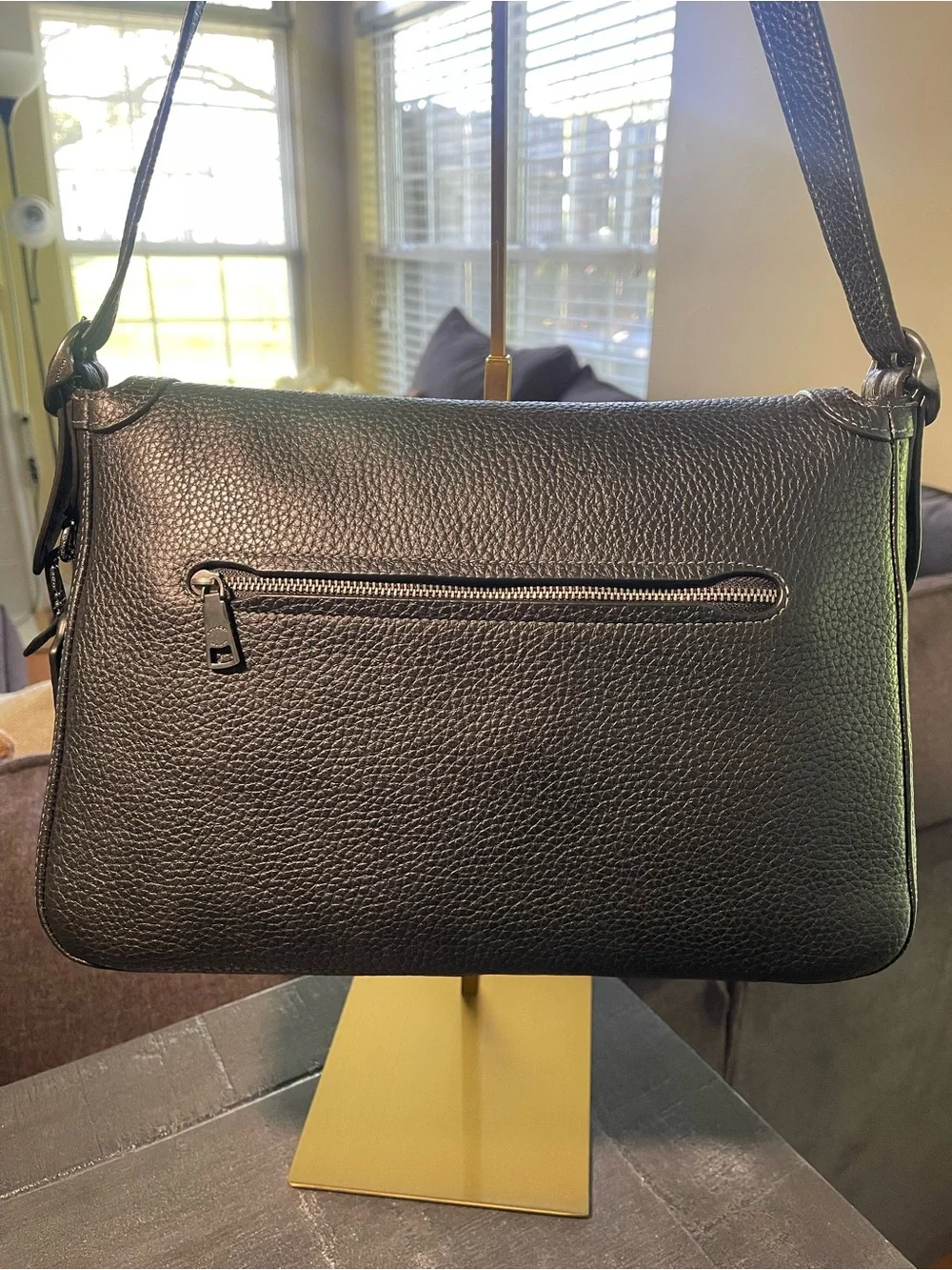 Coach Large Etta Flap Black Pebbled Leather Messenger Bag